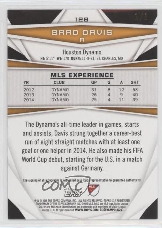 2015 Topps MLS Red Auto 1/1 Brad Davis #128 Auto 2k3 - Image 2 of 3