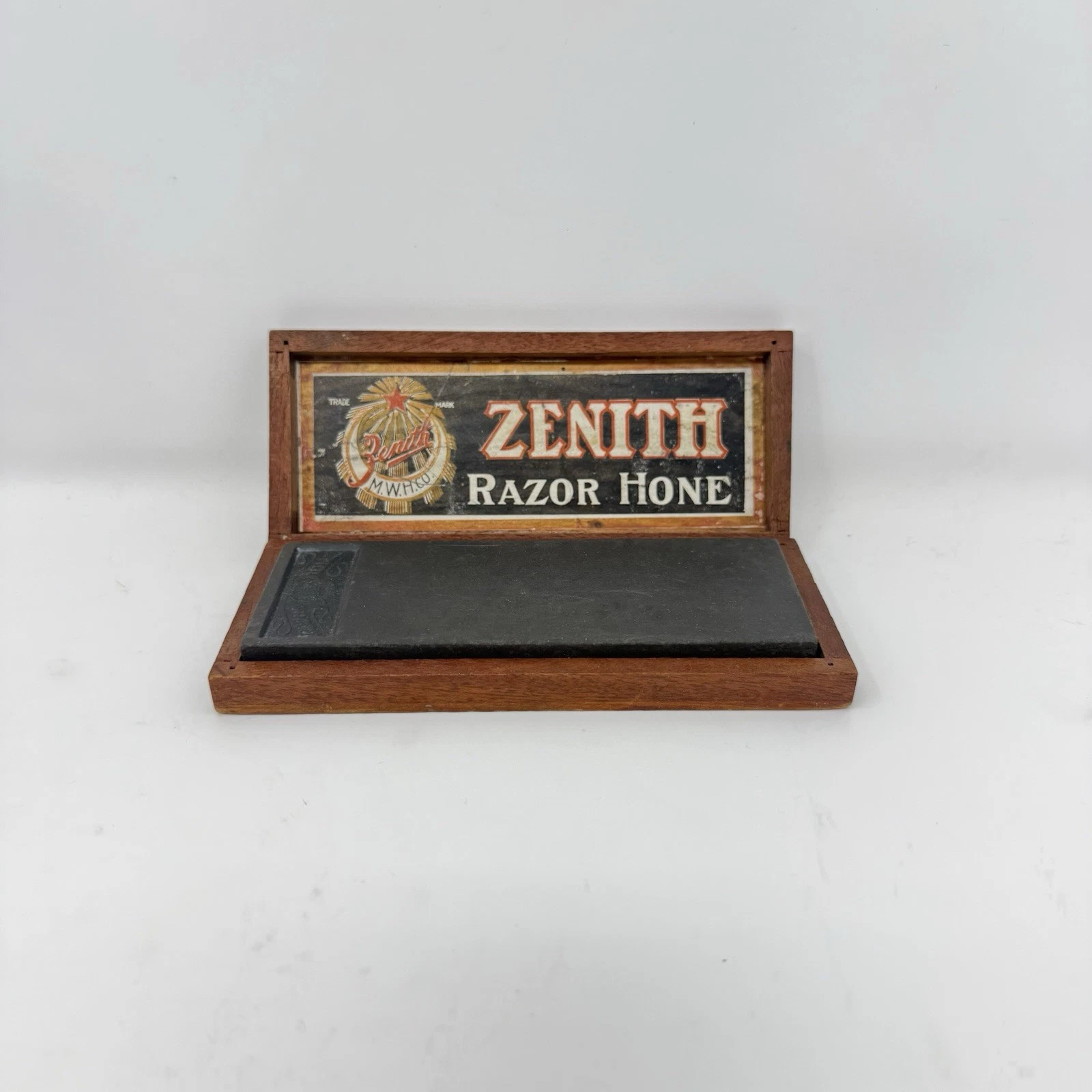 Zenith Razor Hone Stone w/ Wood Box M.W.H Co Antique Barber Sharpening Tool