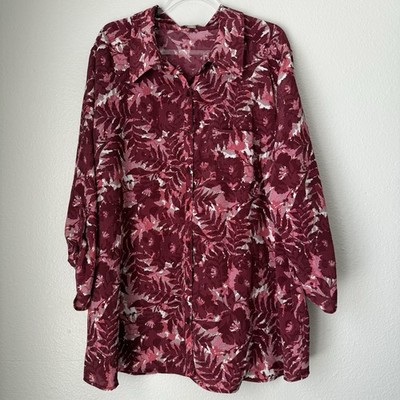White Stag Womens Blouse 3x (22W/24W) Button Up Burgundy And Pink Flowy Vacation
