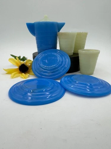 Vintage Arko Agate Blue & White Milk Glass Toy Pitcher & Tumblers 1940 & 1950's