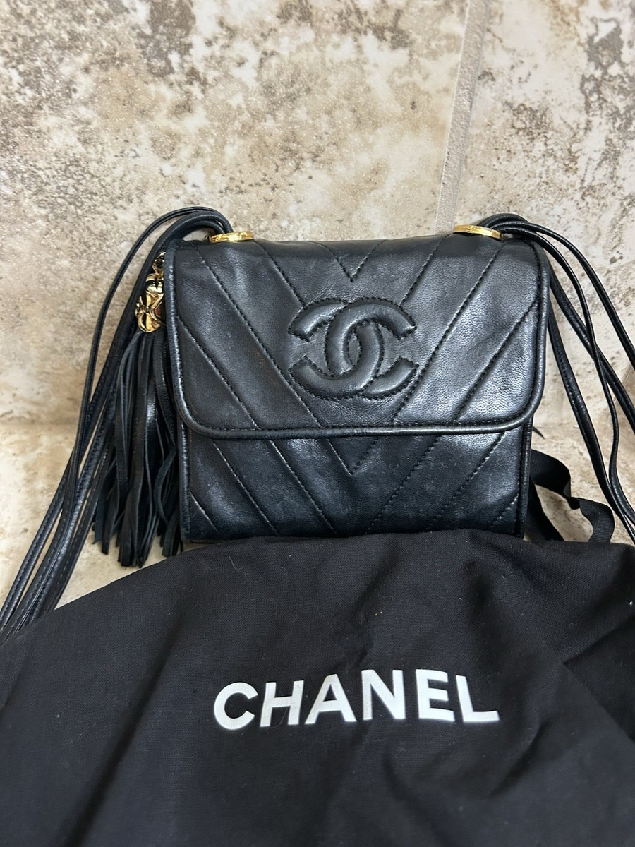 Chanel Vintage Chevron Tassel Mini Bag Flap Crossbody Black