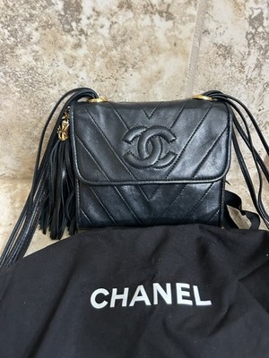 Chanel Vintage Chevron Tassel Mini Bag Flap Crossbody Black