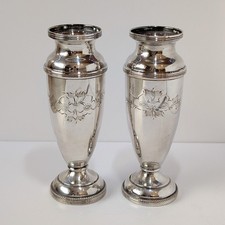 Vintage Pair Silver Plated Bud Vases Floral Engraved Trumpet Form Table Vases