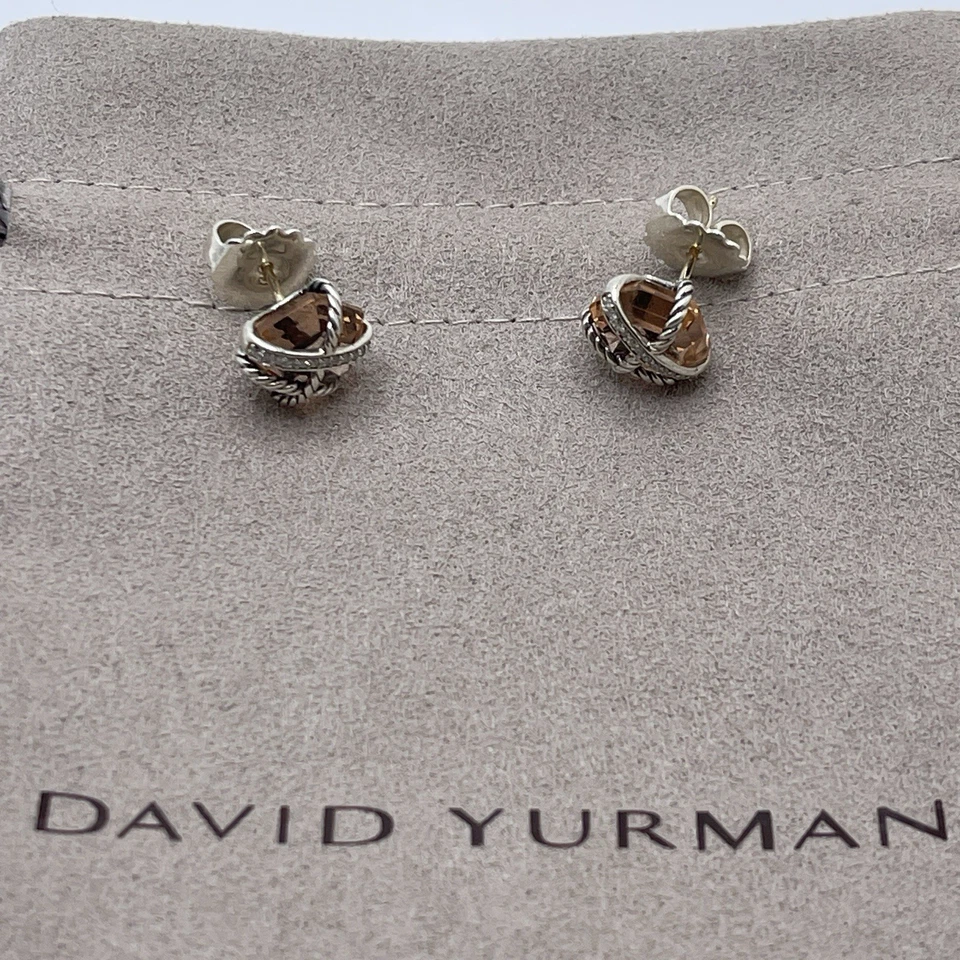 David Yurman Sterling Silver 10mm Morganite Diamond Cable Wrap Stud Earrings - Image 2 of 4