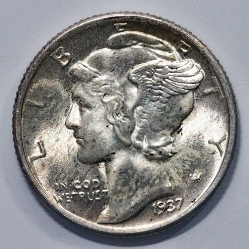 1937 Mercury Dime FSB FB  Uncirculated Silver Coin  With Toning