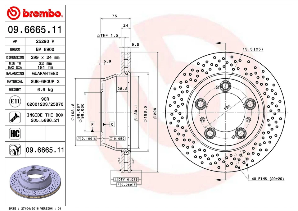 Rotor de freno de disco trasero Brembo 09.6665.11 299 mm para Porsche 911 1999-2008 Foto 3 de 4