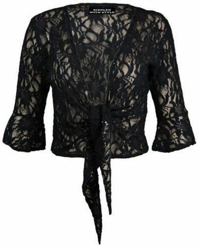 Womens Ladies Plussize Floral Lace Sequin 3/4sleeve Tie Up Shrug Bolero Tops - Picture 3 of 16