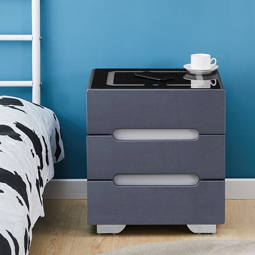 Grey Bedside Tables LED Lights Cabinets 3 Drawers Wireless Charging Bedroom - Picture 3 of 13