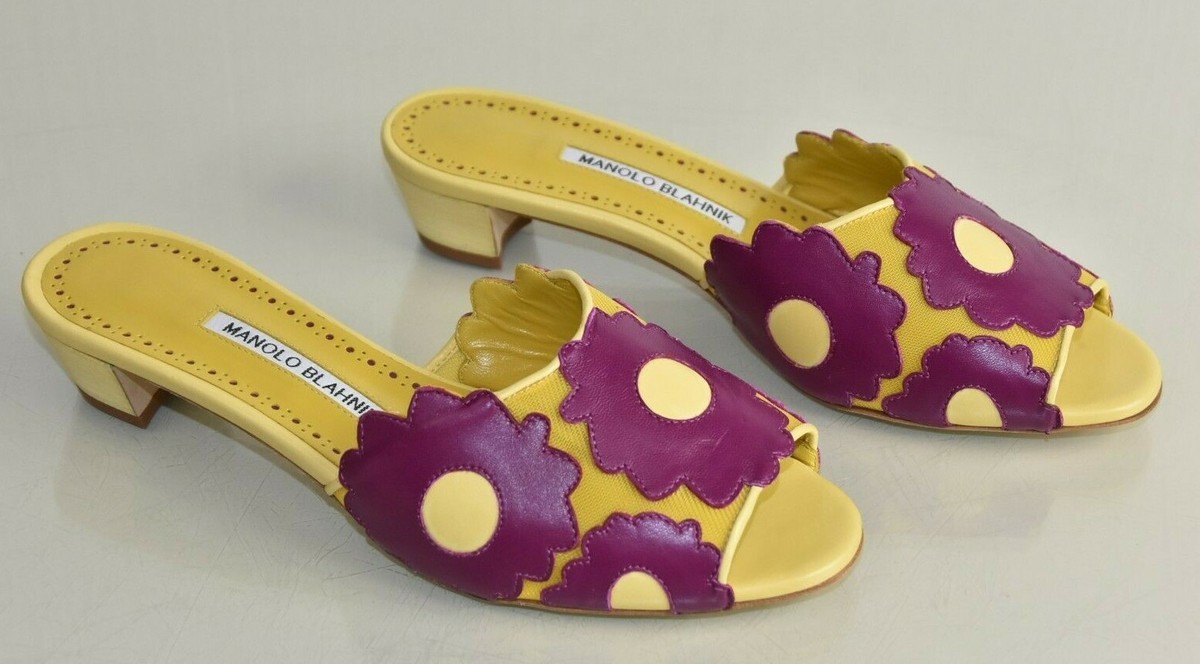 NEW Manolo Blahnik Mesh Mules Plum Yellow Flowers Shoes 37.5 38