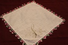Vintage Tatting Edge Print Floral with S Handkerchief, Retro White Linen Hankie