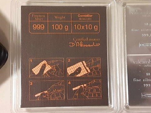 Valcambi 10 x 10 Gram Silver CombiBar with Assay Card 100 grams