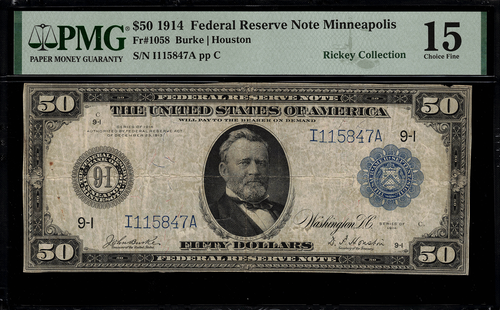 1914 $50 Federal Reserve Note Minneapolis FR-1058 - PMG 15 comment - 13 Known