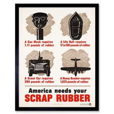 Propaganda War Wwii Usa Scrap Rubber Campaign Gas Mask 12X16 Inch Framed Print