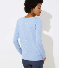 LOFT Button Back Sweater Talc Blue Heather New