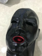 Black Latex Mask with Red Teeth Gag 15cm Nose Tube 1.0mm Thick Hood