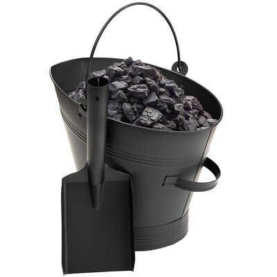 WATERLOO EIMER & SCHAUFEL SET STAHL METALL SCHWARZ KAMIN KOHLE ASCHE HOLZ SCHAUFEL HOD