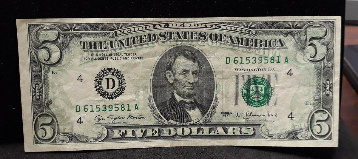 1977 $5 Federal Reserve Note - Offset Printing Error - Wet