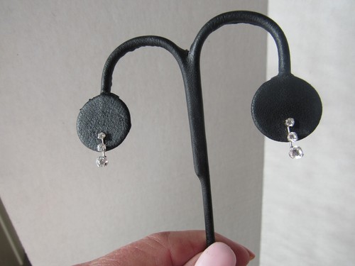 Vintage Signed 14k White Gold CZ Cubic Zirconia Tiered 3 Stone Post Earrings - Picture 5 of 9