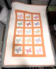 Vtg Handmade Appliqued BUTTERFLY QUILT With Orange Trim VGC 53" x 76"