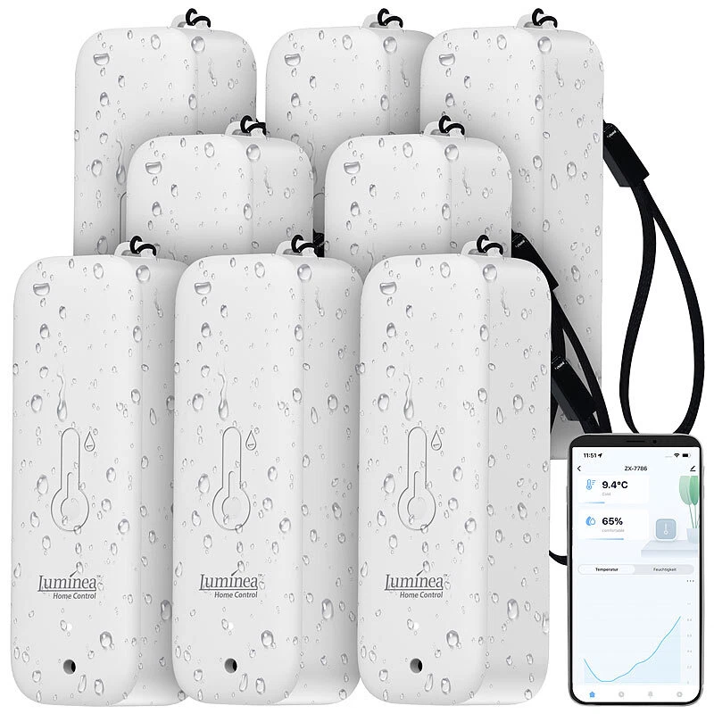 LUMINEA HOME CONTROL 8er-Set Thermometer & Hygrometer mit Bluetooth & App, wetterfest, IP65