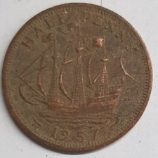 Old Coin 1957 Ship Halfpenny British