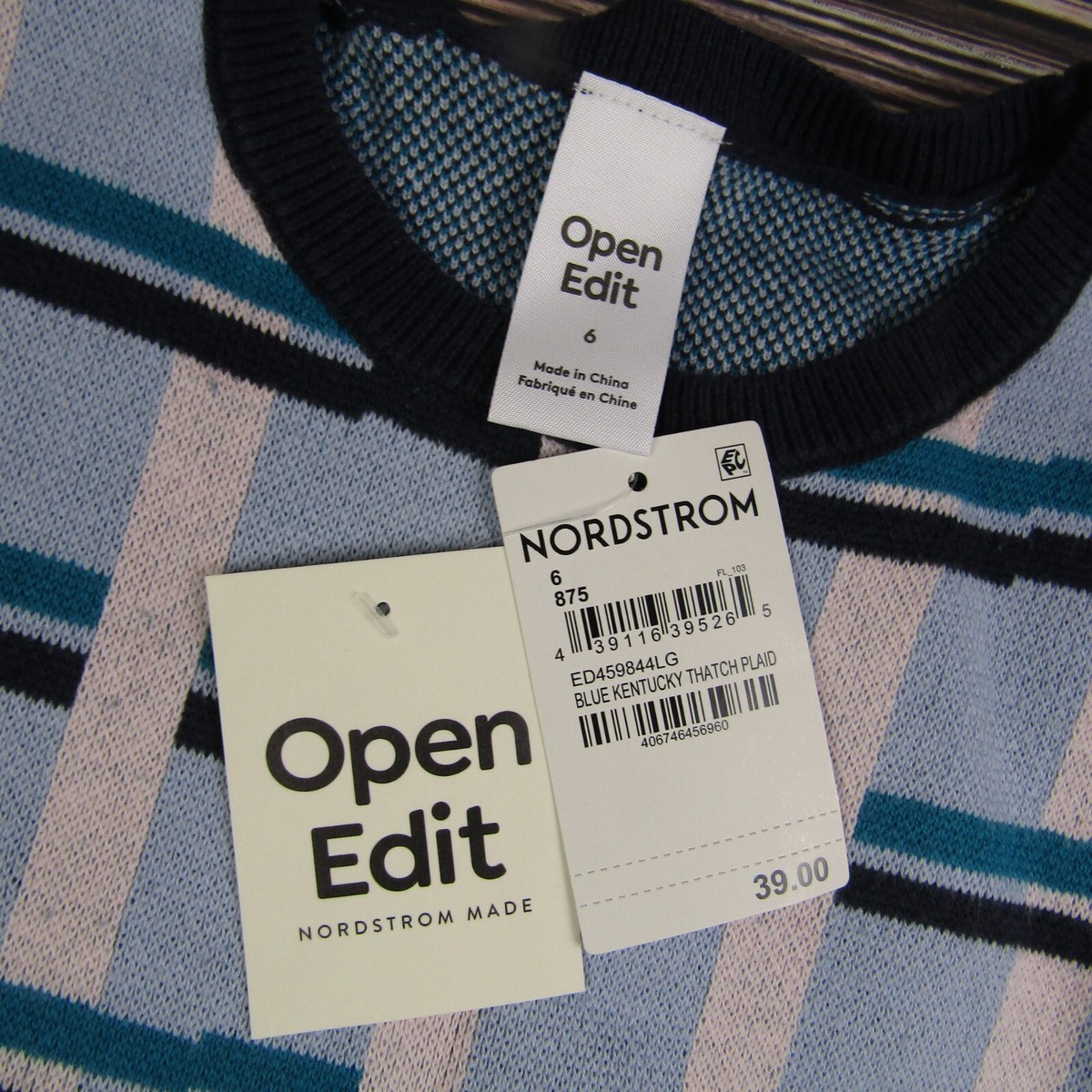 Open Edit NEW Womens Size 6 Blue Pink Gingham Pattern Sweater