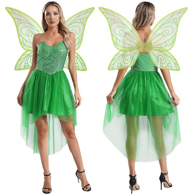 DE Damen Blumenfee Cosplay Feenkostüm Pailletten Waldelfe Kleid Outfit Halloween