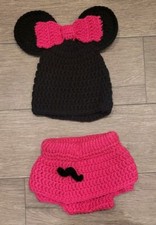 Crochet Minnie Mouse Hat And Diaper Cover Set Newborn To 3 Months Handmade NEW