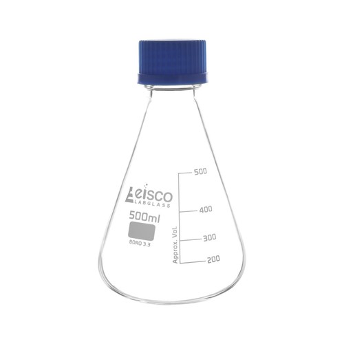 Erlenmeyer Flask, 500ml - Borosilicate Glass - with PTFE Screw Cap - Conical ...