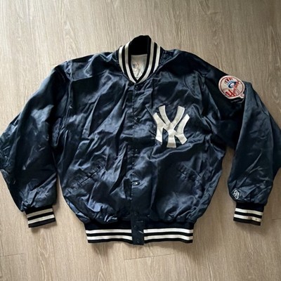 70s Felco New York Yankees MLB Navy Satin Jacket w/ NY Logo & Sleeve Patch