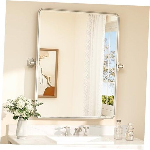 Pivot Bathroom Mirror 24 x 30 Tilting Beveled 30"L x 24"W Satin Nickel ...