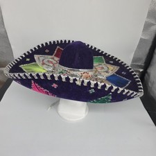 Vintage Mexican Mariachi Sombrero Hat Purple Velvet Silver Braid Multi-Color