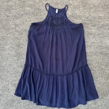 Xhilaration Crochet Neck Tiered Dress Small Navy Blue Boho Halter Rayon