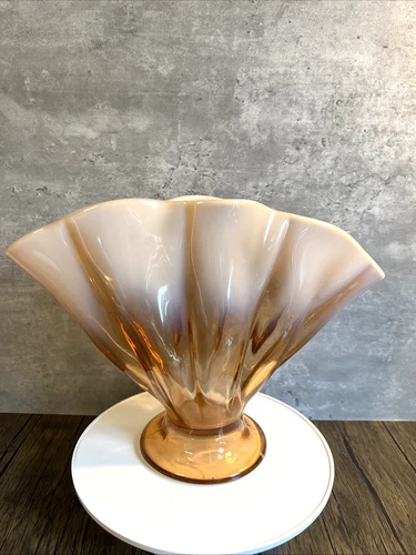 Antique Fenton 1920s Amber Cameo Opalescent Fan Melon Ribbed Glass Vase 7.75”T