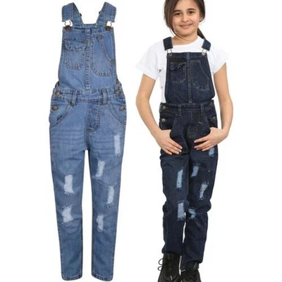 Enfants Filles Salopette Jeans Complet Longueur Déchiré Combinaison - Photo 1/2