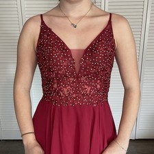 Cherry Red Beaded V Neck Dress Formal Gown