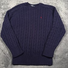 Polo Ralph Lauren Sweater Men's Medium Navy Blue Cable Knit Cozy Ribbed Trim