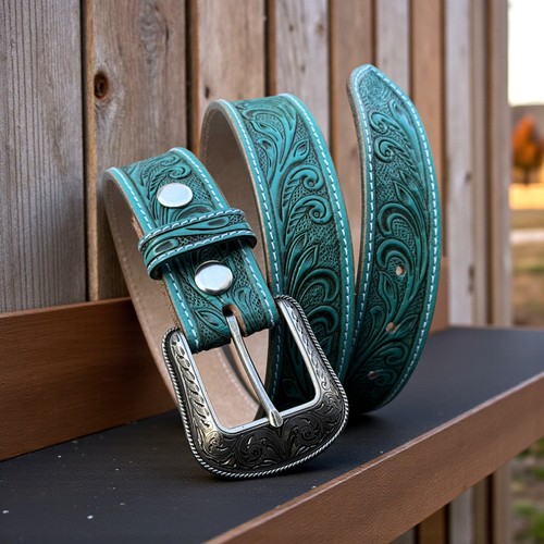 Women's Western Leather Belt, Floral Embossed Cowgirl Hand Tooled Belt 1-1/2" - Picture 40 of 86