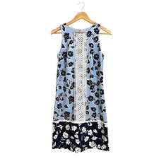 Eliza J Women's Blue Floral Print Lace Trim Sleeveless Shift Mini Dress Size 4