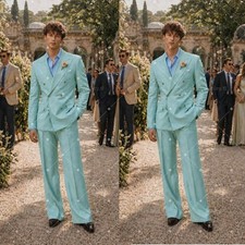 Mint Green Men's Suit Double Breasted Wedding Guest Outfit Formal Business 2 Pec