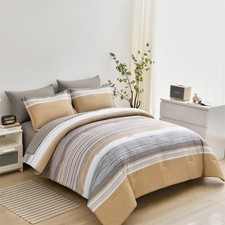 7 Piece Bed in a Bag Stripe Comforter Set Queen Size, White Grey Khaki Patchw...