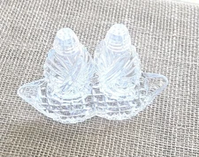 Vintage Crystal Clear Salt & Pepper Shakers Glass 3pc Set Peanut Shaped Tray 6" 