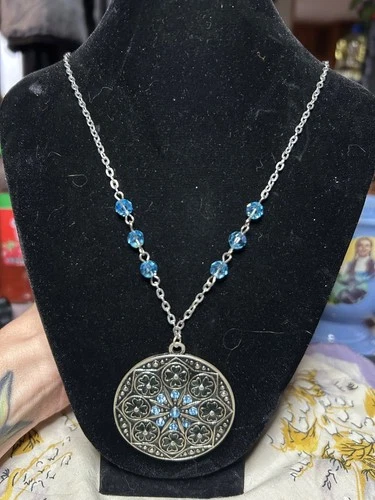 Silver Chain Necklace Blue Crystals Ornate Round Pendant Handmade - product listing photo