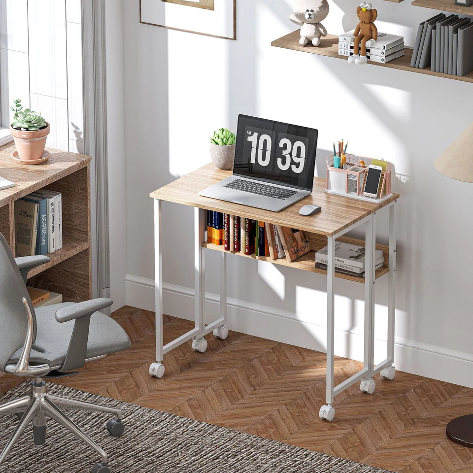 HOMCOM 80 cm Foldable Computer Desk on Wheels for Small Spaces Natural - Image 2 of 4