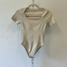 OQQ Ribbed Bodysuit Beige Square Neck Short Sleeve Stretch Small Minimalist