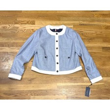 Tommy Hilfiger Womens Blue White Contrast Trim Cropped Jacket Blazer Size 12 NWT
