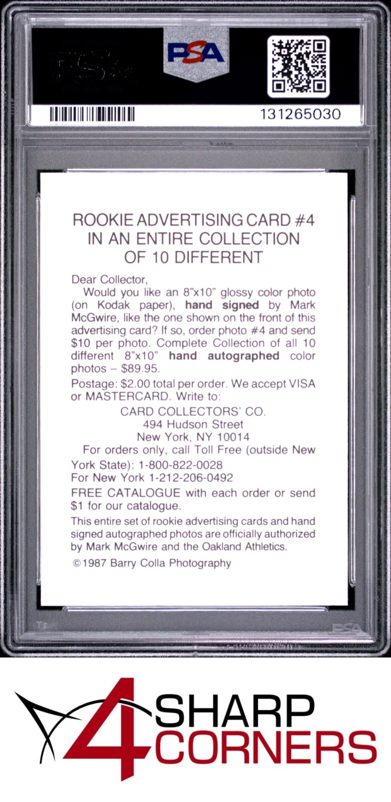 1987 BARRY COLLA #4 MARK McGWIRE ATHLETICS PSA 10 view 2