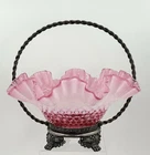 Fenton Cranberry White Hobnail Bride Basket James Tufts Quadruple Silver Plate