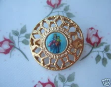 Vintage Catholic Broach Brooch Lapel Pin OUR LADY OF VICTORY Gold finish metal