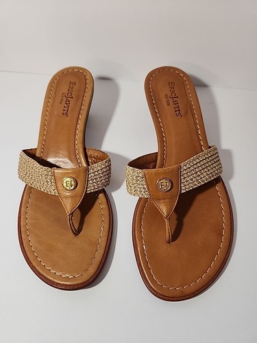 Eric Javits Logo Thong Sandals Womens 6.5 Leather Kitten Heel Made In Italy - Picture 10 of 10